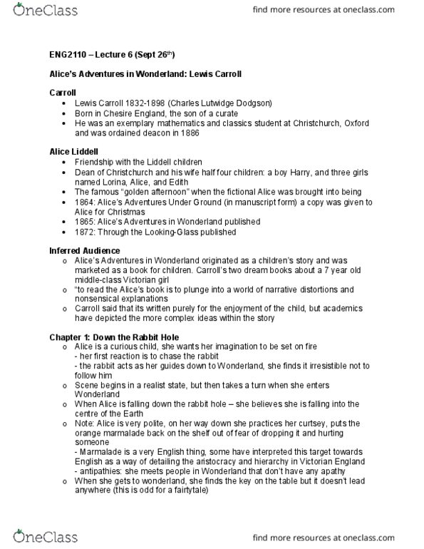 ENG 2110 Lecture Notes - Lecture 6: Christ Church, Oxford, Lewis Carroll, Curtsey thumbnail