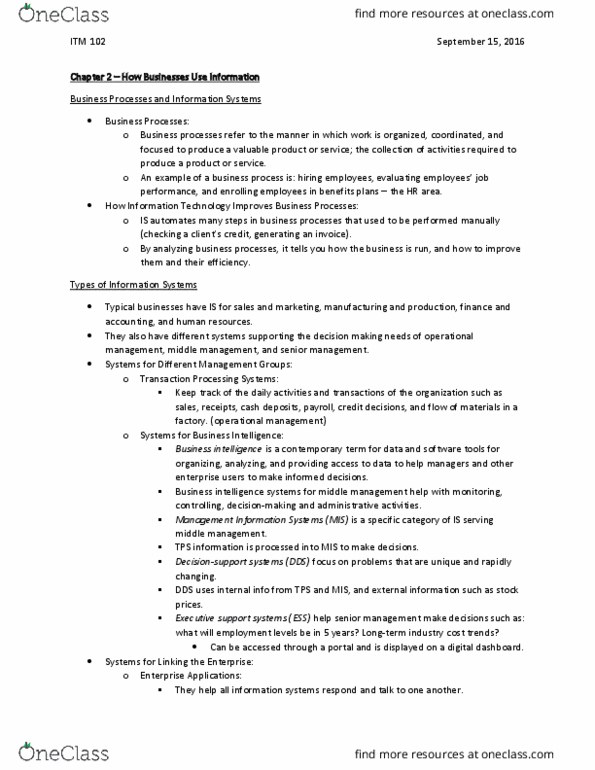 ITM 102 Chapter Notes - Chapter 2: Business Intelligence, Business Process, Management System thumbnail