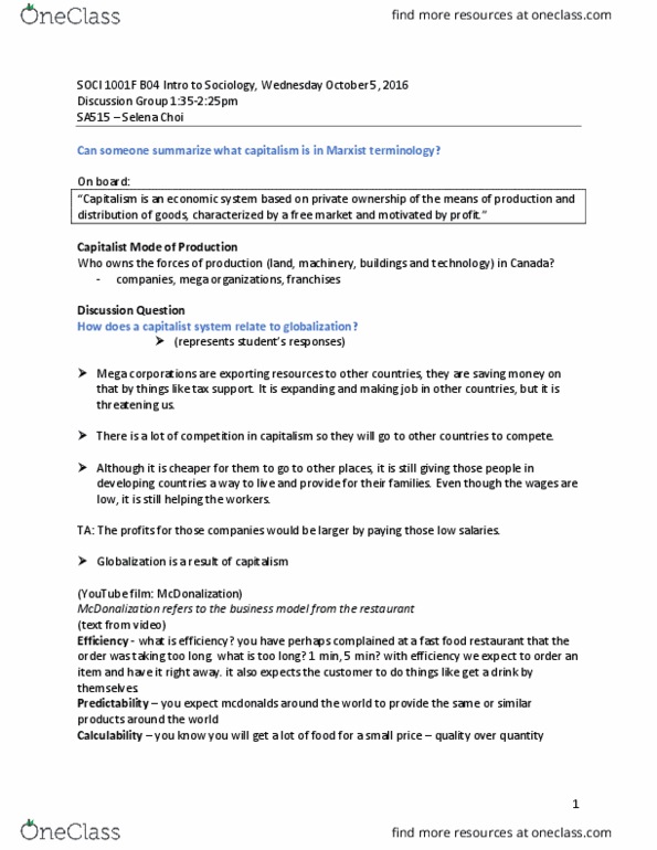 SOCI 1001 Lecture Notes - Lecture 5: Mcdonaldization, Deskilling, Debit Card thumbnail