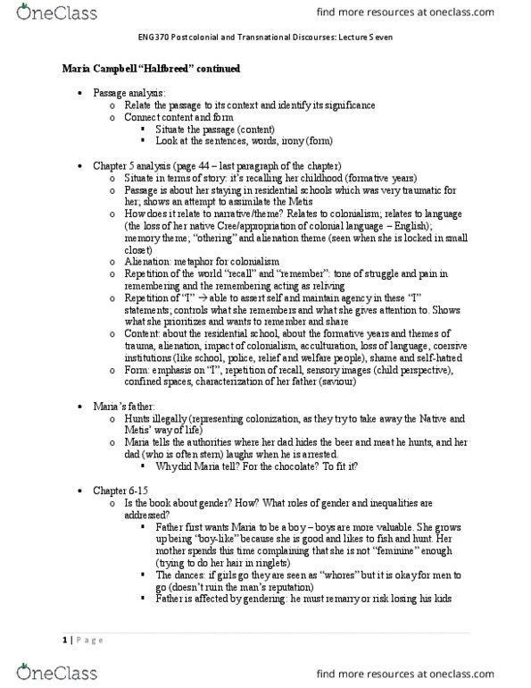 ENG370H5 Lecture Notes - Lecture 7: Maria Campbell, Acculturation, Squaw thumbnail