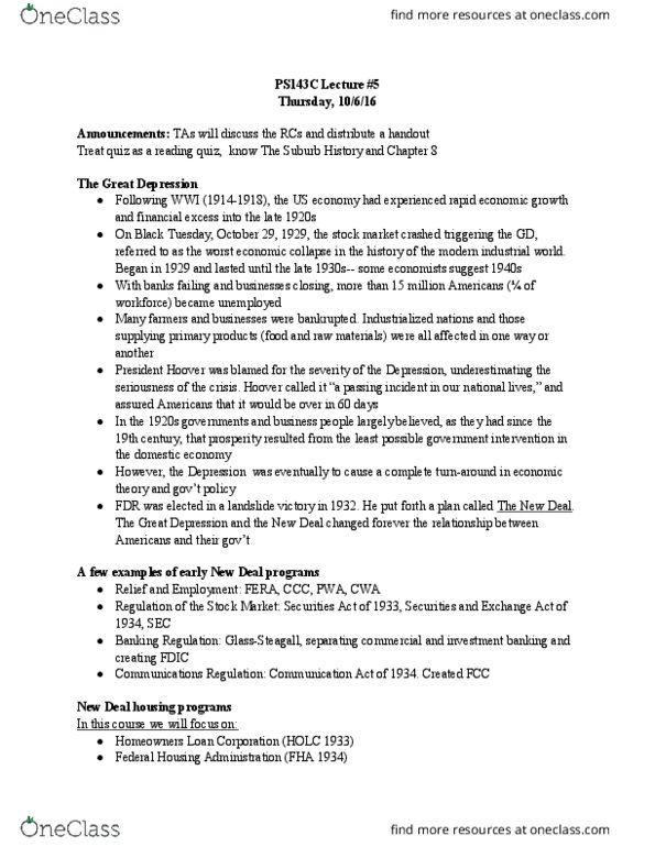 POL SCI 143C Lecture Notes - Lecture 5: Federal Housing Administration, Investment Banking, World War I thumbnail