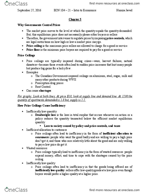 ECN 104 Lecture Notes - Lecture 4: Price Ceiling, Price Floor, Deadweight Loss thumbnail