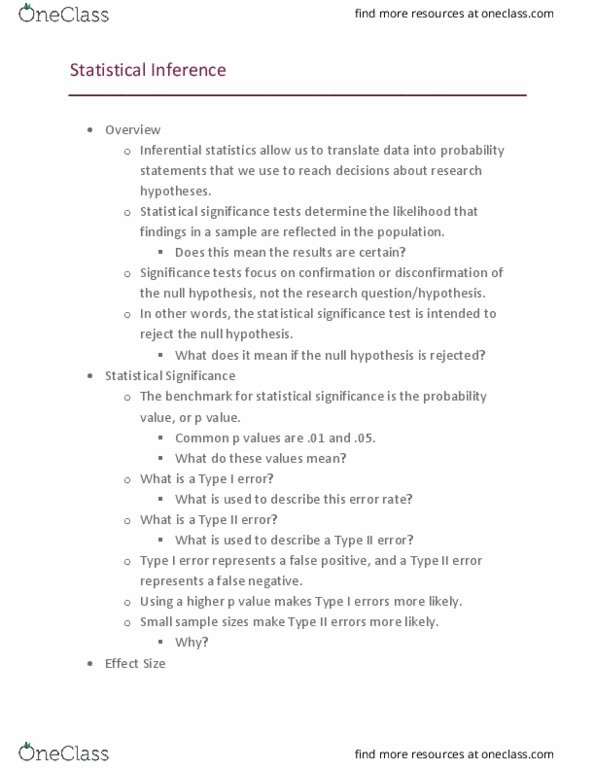 HRS 610 Lecture Notes - Lecture 16: Type I And Type Ii Errors, Null Hypothesis, Statistical Inference thumbnail