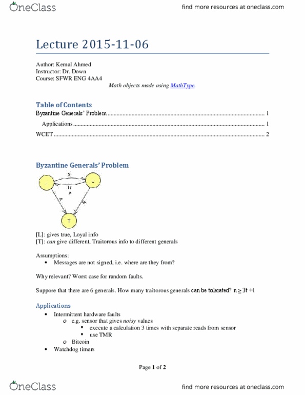 SFWRENG 4AA4 Lecture Notes - Lecture 15: Byzantine Fault Tolerance, Mathtype, Bitcoin thumbnail