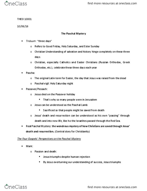 THEO10001 Lecture Notes - Lecture 14: Resurrection Of Jesus, Holy Saturday, Empty Tomb thumbnail