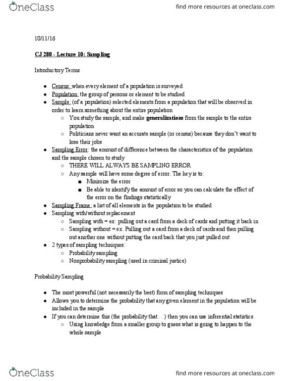 CJ 280 Lecture Notes - Lecture 10: Nonprobability Sampling, Statistical Inference, Descriptive Statistics thumbnail