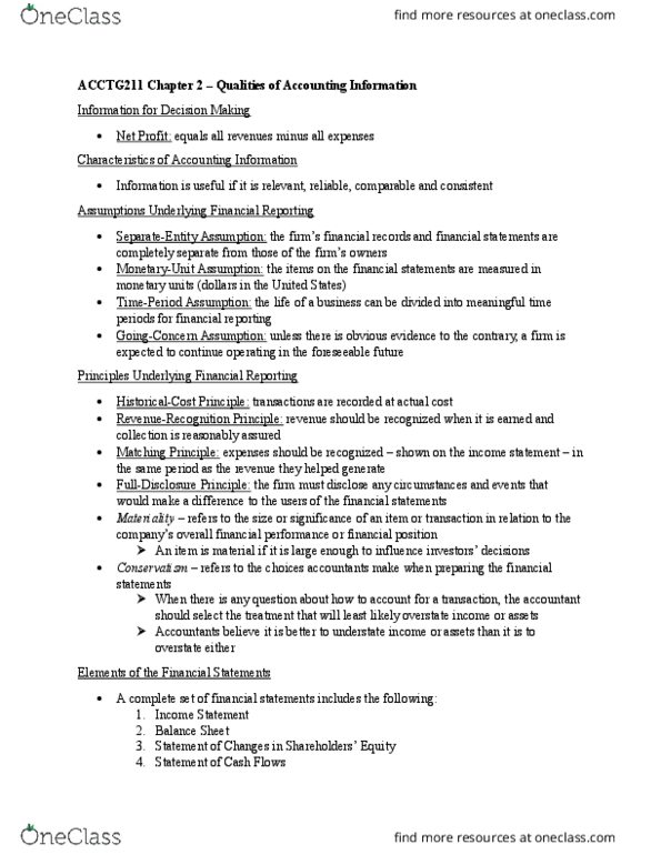ACCTG 211 Chapter Notes - Chapter 2: Financial Statement, Income Statement, Matching Principle thumbnail