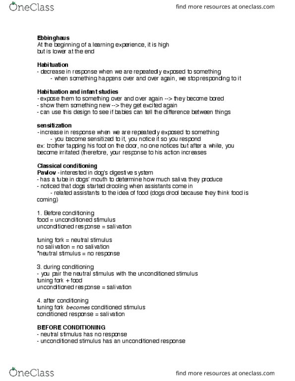 PSYC 101 Lecture Notes - Lecture 14: Tuning Fork, Classical Conditioning, Habituation thumbnail