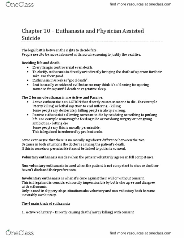 PHLB09H3 Chapter Notes - Chapter 10: Voluntary Euthanasia, Involuntary Euthanasia, Assisted Suicide thumbnail