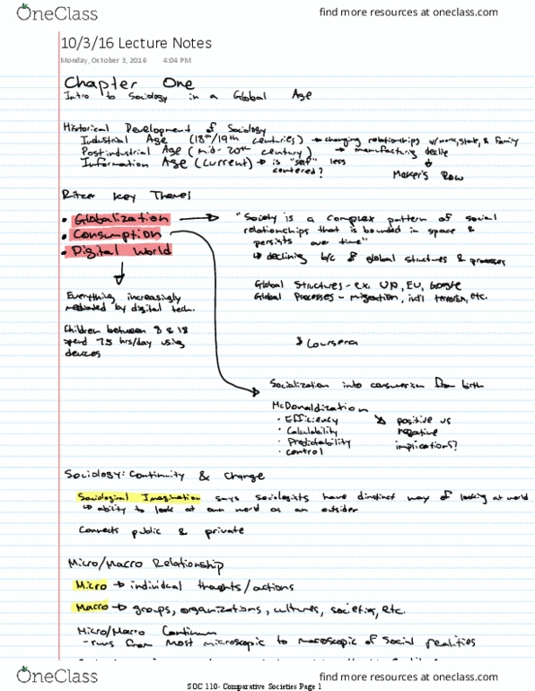 SOC 110 Lecture 2: Chapter 1/6 Summaries: 10/3/16 Notes thumbnail