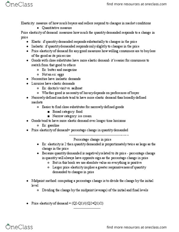 CAS EC 101 Chapter Notes - Chapter 5: Demand Curve, Midpoint Method, Margarine thumbnail