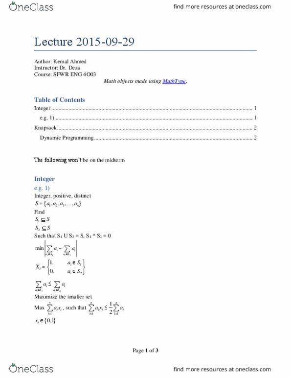 SFWRENG 4O03 Lecture Notes - Lecture 2: Dynamic Programming, Mathtype, Hyperplane thumbnail