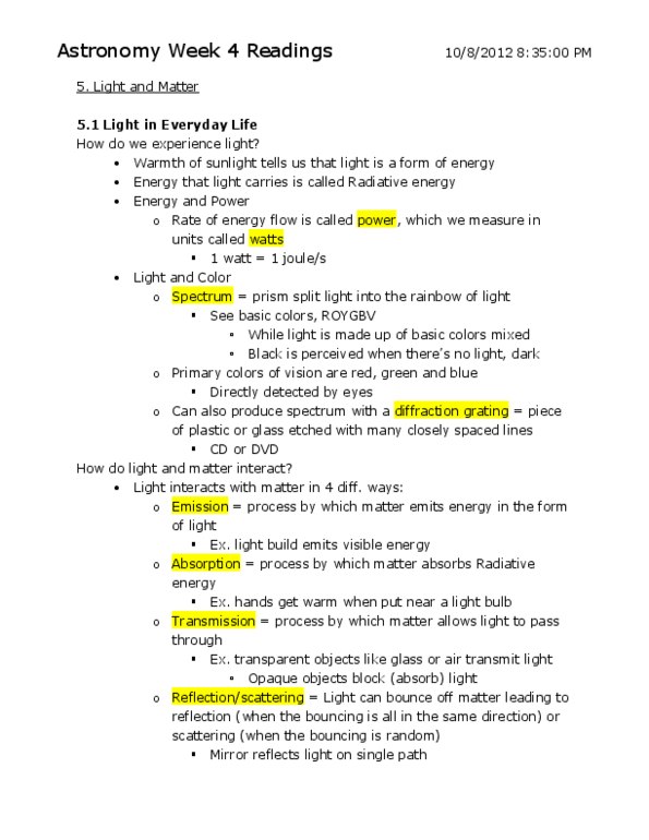 AST101H1 Lecture Notes - Lecture 5: Energy Level, Atomic Number, Primary Color thumbnail