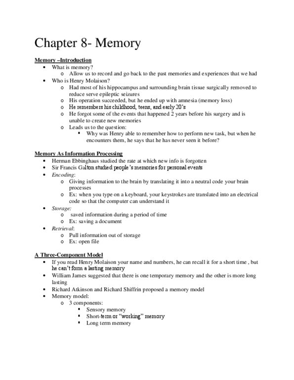 PSYC 100 Chapter Notes - Chapter 8: Baddeley'S Model Of Working Memory, Gordon H. Bower, Henry Molaison thumbnail