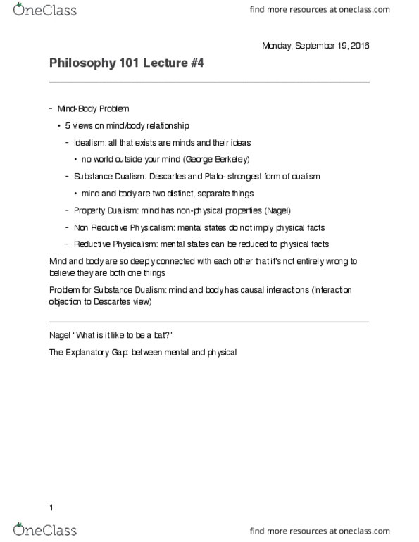 PHL 150 Lecture Notes - Lecture 4: Physicalism thumbnail