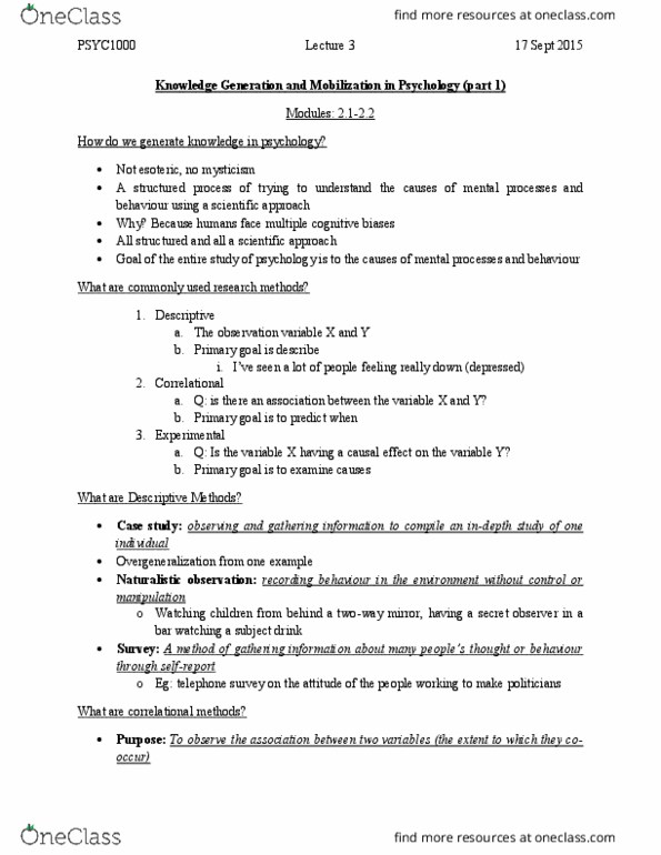 PSYC 1000 Lecture Notes - Lecture 3: Wait List, Naturalistic Observation, Null Hypothesis thumbnail
