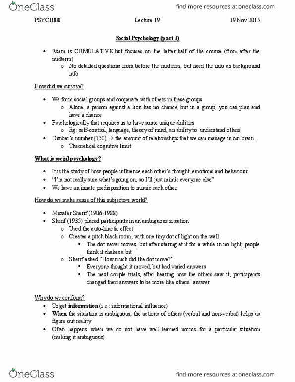 PSYC 1000 Lecture Notes - Lecture 19: Normative Social Influence, Muzafer Sherif, Solomon Asch thumbnail