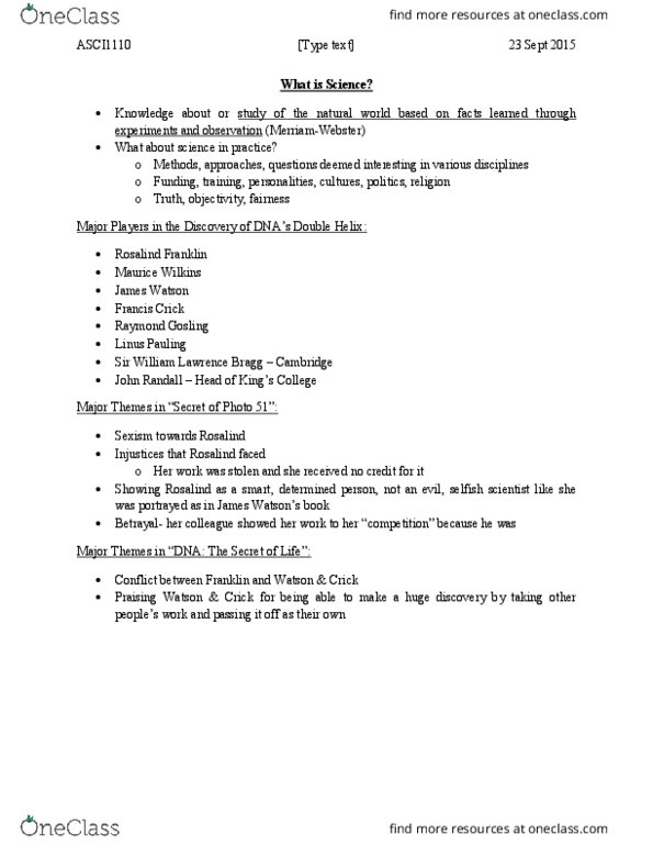 ASCI 1110 Lecture Notes - Lecture 1: Linus Pauling, Maurice Wilkins, Francis Crick thumbnail