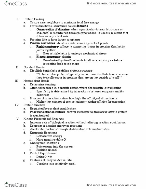 BIO 209 Lecture Notes - Lecture 2: Protein Structure, Exergonic Process, Enzyme thumbnail