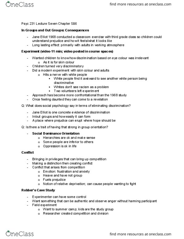 PSYC 231 Lecture Notes - Lecture 6: Jane Elliot, Social Dominance Orientation, Field Experiment thumbnail