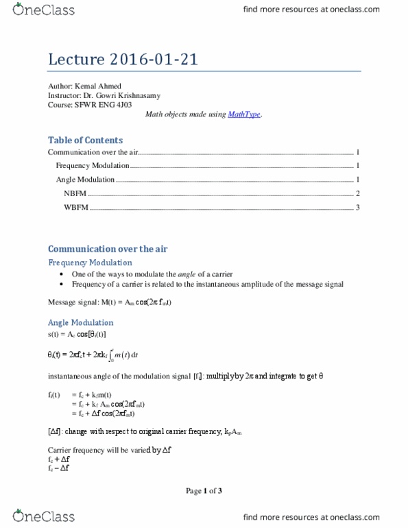 SFWRENG 4J03 Lecture Notes - Lecture 6: Angle Modulation, Mathtype, C Mathematical Functions thumbnail