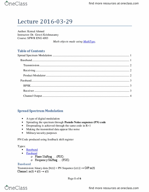 SFWRENG 4J03 Lecture Notes - Lecture 8: Passband, Spread Spectrum, Pseudorandom Binary Sequence thumbnail