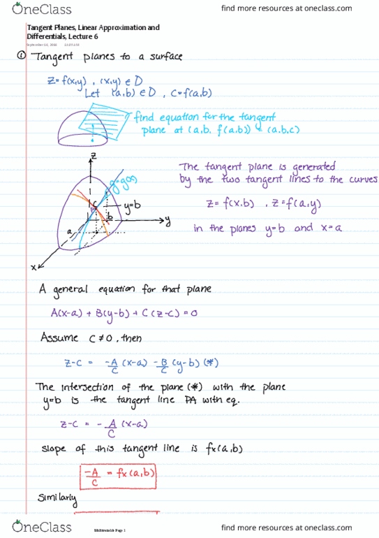 MATH209 Lecture 6: Tangent Planes, Linear Approximation and Differentials, Lecture 6 thumbnail