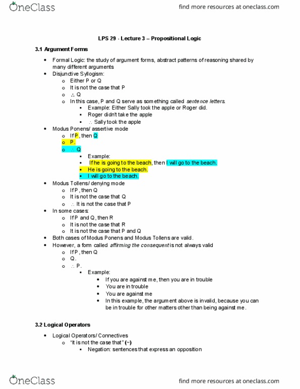 LPS 29 Lecture Notes - Lecture 3: Modus Tollens, Modus Ponens, Sentence Clause Structure thumbnail