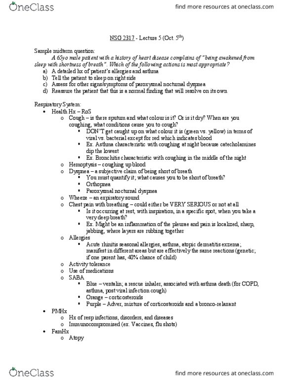 NSG 2317 Lecture Notes - Lecture 5: Paroxysmal Nocturnal Dyspnoea, Upper Respiratory Tract Infection, Sternal Angle thumbnail