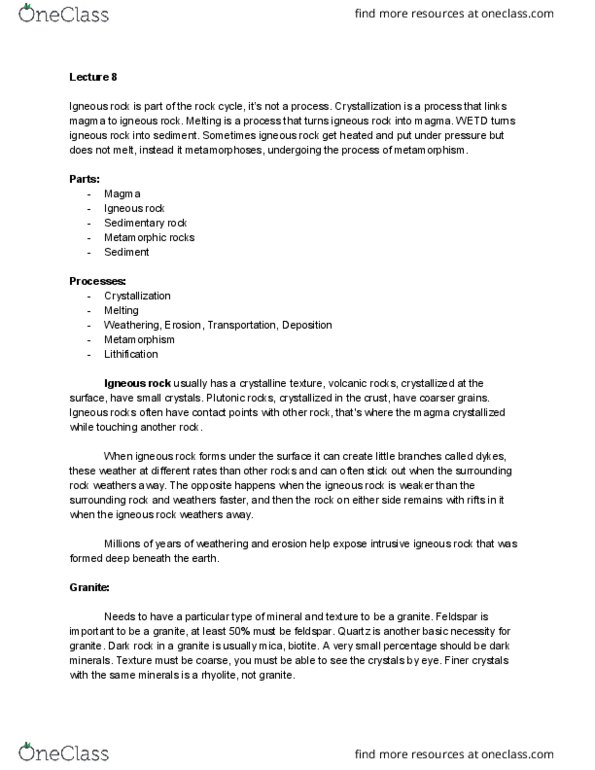 EARTH121 Lecture Notes - Lecture 8: Igneous Rock, Sedimentary Rock, Gothic Rock thumbnail