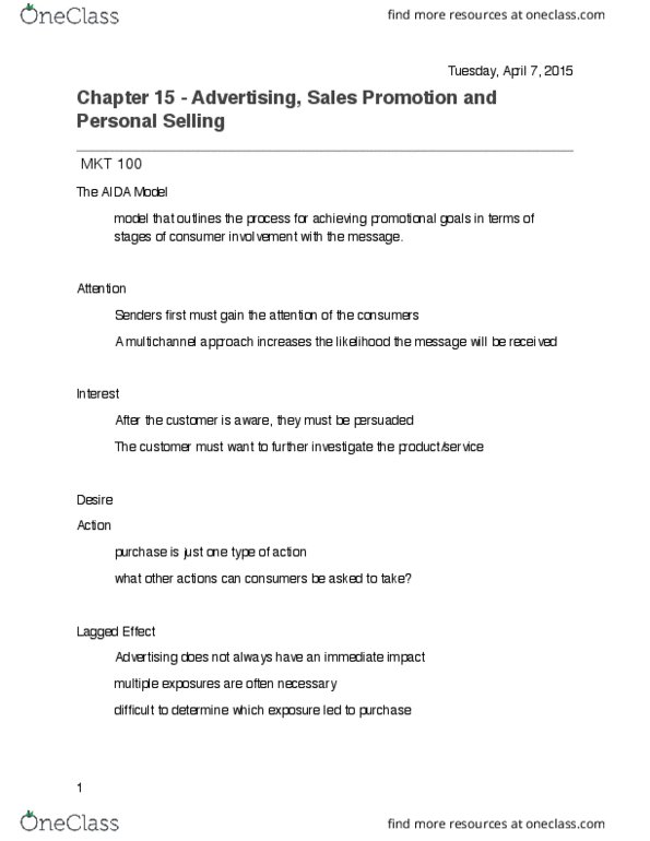 MKT 100 Lecture Notes - Lecture 12: Root Mean Square, Sales Promotion, Product Red thumbnail