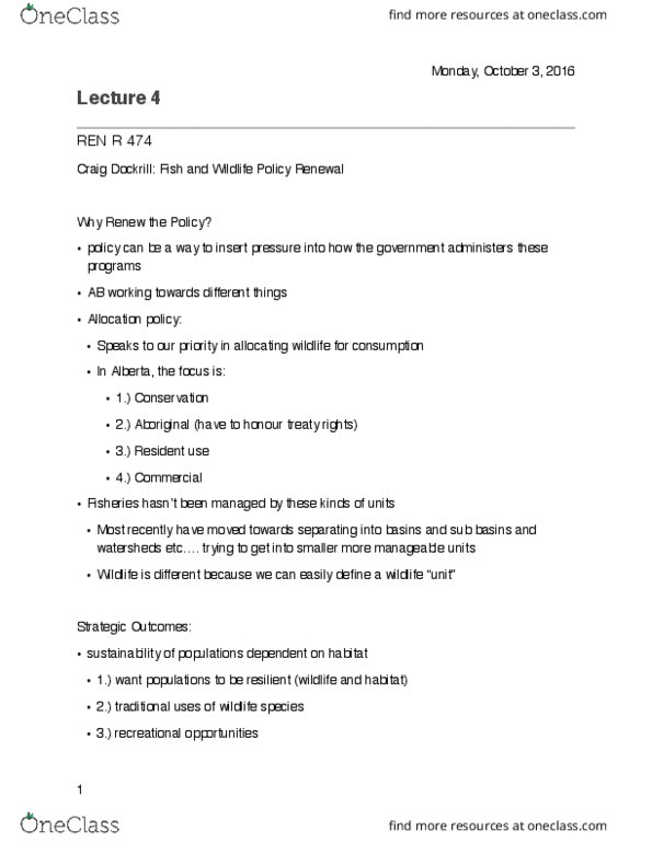 REN R474 Lecture Notes - Lecture 4: Premiership Of Stephen Harper, Trophy Hunting, Pest Analysis thumbnail