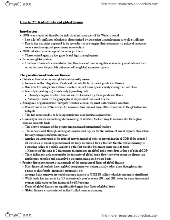 POLS 110 Chapter Notes - Chapter 27: General Agreement On Tariffs And Trade, Financial Regulation, International Trade Organization thumbnail