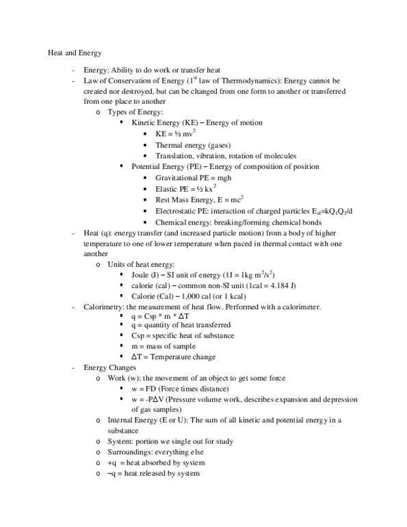 CHM 113 Lecture Notes - Enthalpy, Calorimetry, Chemical Energy thumbnail