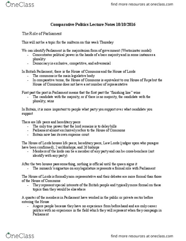 GOVT-130 FA3 Lecture Notes - Lecture 10: Westminster System thumbnail