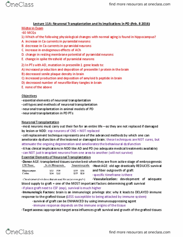 NEURO410 Lecture Notes - Lecture 11: Neurofibrillary Tangle, Psen1, Pyramidal Cell thumbnail