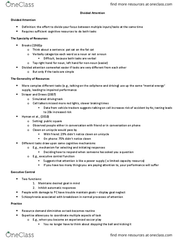 Psychology 2135A/B Lecture Notes - Lecture 7: Unicycle, Schizophrenia, Automaticity thumbnail