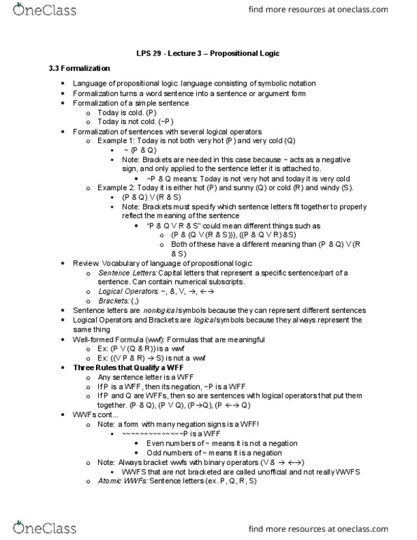 LPS 29 Lecture Notes - Lecture 4: Propositional Calculus, Wnew-Fm, Logical Form thumbnail