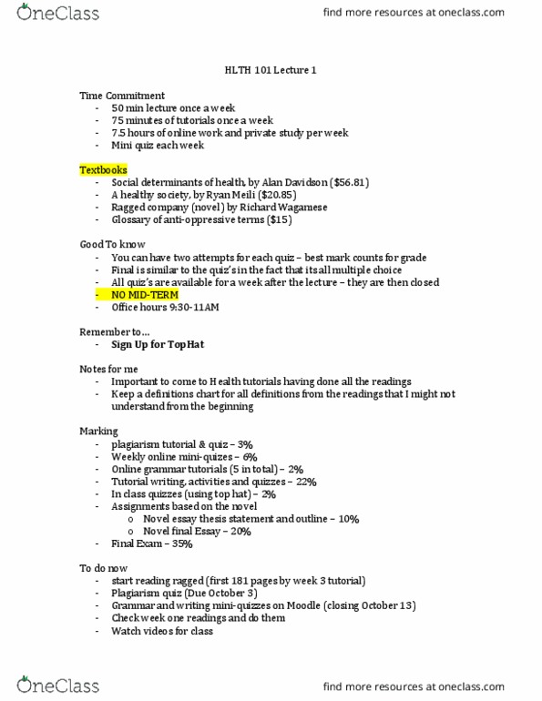 HLTH 101 Lecture Notes - Lecture 1: Richard Wagamese, Moodle, Thesis Statement thumbnail