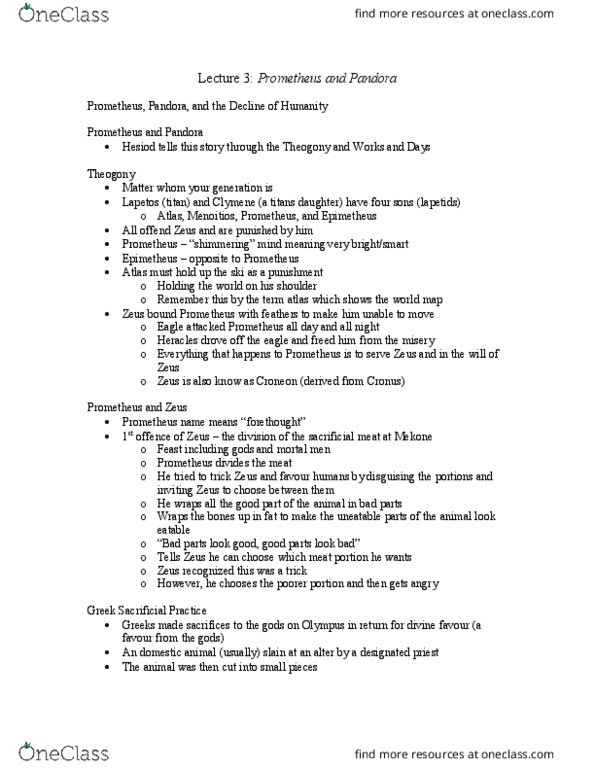 Classical Studies 2200 Lecture Notes - Lecture 3: Theogony, Distant Relatives, List Of Domesticated Animals thumbnail