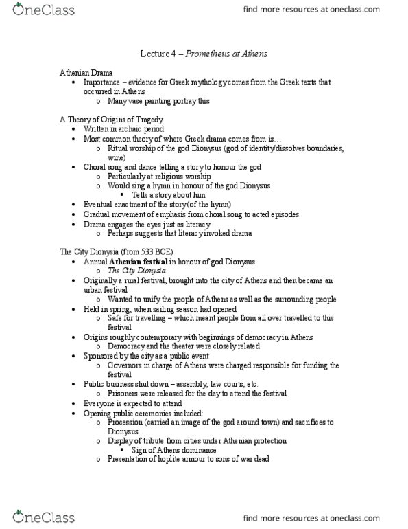 Classical Studies 2200 Lecture Notes - Lecture 4: Dionysia, Tetralogy, Satyr Play thumbnail