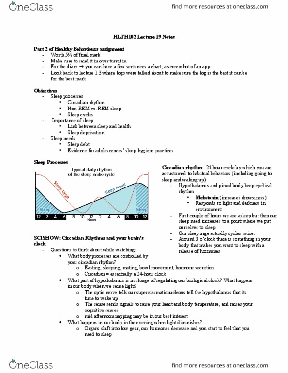 HLTH 102 Lecture Notes - Lecture 8: Circadian Rhythm, Sleep Debt, Sleep Hygiene thumbnail