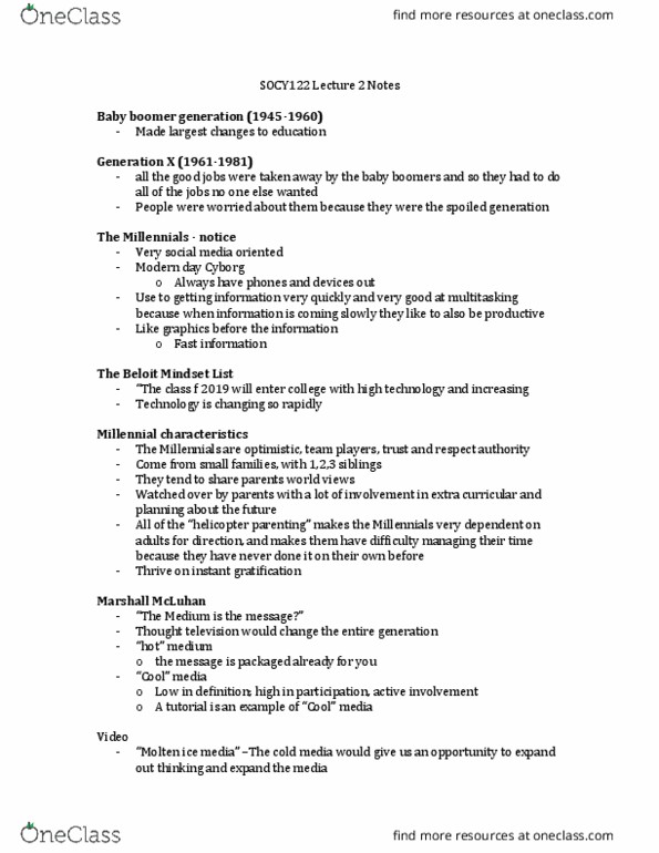 Socy 122 Lecture Notes Fall 15 Lecture 2 Baby Boomers Marshall Mcluhan Intimate Exchanges