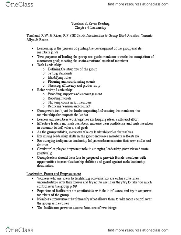 SOCWORK 3F03 Chapter Notes - Chapter 4: Transactional Leadership, Allyn & Bacon, Task Force thumbnail