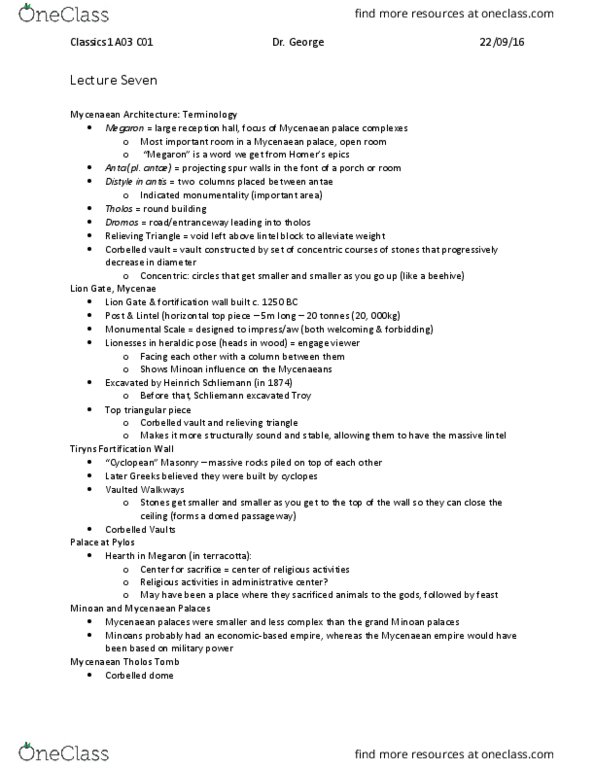 CLASSICS 1A03 Lecture Notes - Lecture 7: Corbel Arch, Lion Gate, Discharging Arch thumbnail