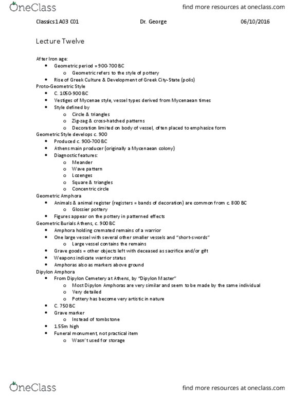 CLASSICS 1A03 Lecture Notes - Lecture 12: Protogeometric Style, Geometric Art, Amphora thumbnail