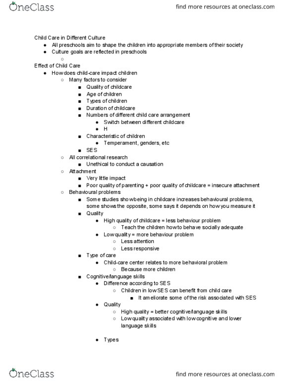 PSYC 319 Lecture Notes - Lecture 14: Child Care thumbnail