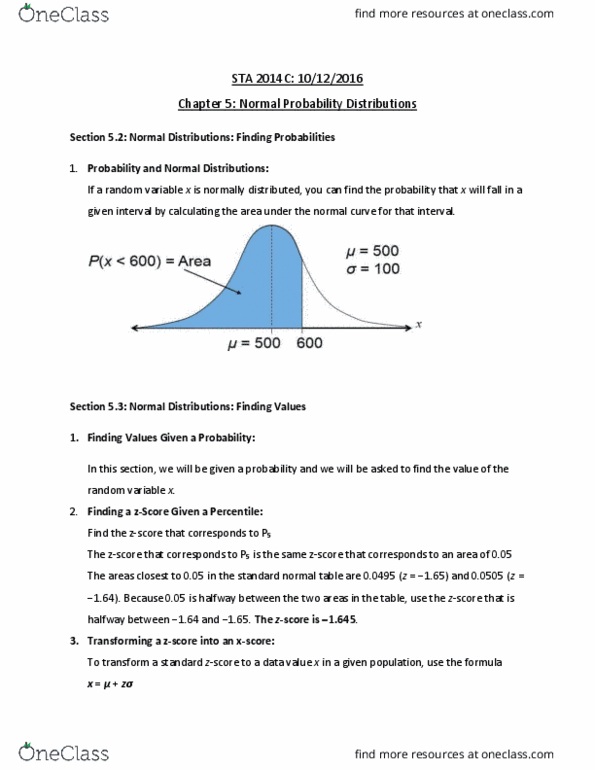 STA 2014C Lecture Notes - Lecture 17: Random Variable, Normal Distribution, Percentile thumbnail