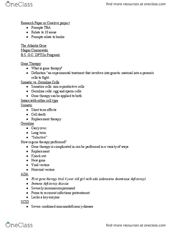 HC 100 Lecture Notes - Lecture 4: Adenosine Deaminase Deficiency, Severe Combined Immunodeficiency, Viral Vector thumbnail