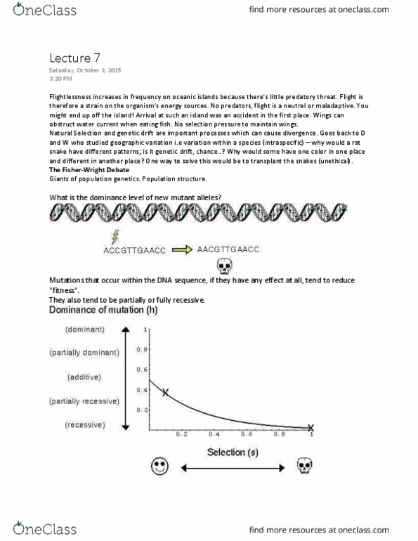 BIO120H1 Lecture Notes - Lecture 7: Sewall Wright, Heterozygote Advantage, Frequency-Dependent Selection thumbnail